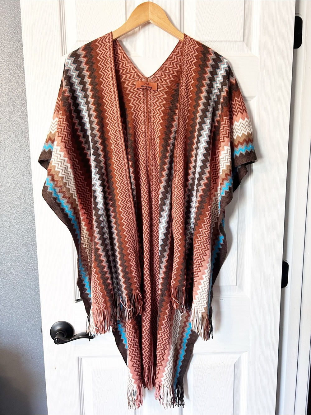 Missoni Chevron Open Fringe Cardigan Boho Poncho Cape
